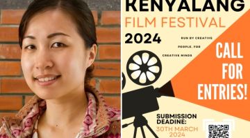 Ngu (kiri) dan poster penganjuran Festival Filem Kenyalang 2024 pada Mei tahun ini.