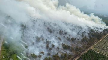 Pemandangan dari udara usaha pengeboman air yang dilakukan APMM untuk memadamkan kebakaran hutan di Sungai Apong, Miri.