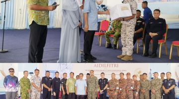 SUMBANGAN: (Gambar atas)Presiden Parti WARISAN Datuk Seri Panglima Dr Haji Mohd Shafie Haji Apdal menyampaikan sumbangan Kuih Raya Kepada Sarjan Hussien. Turut sama İsteri Presiden Datin Seri Panglima Datuk Hajah Shuryani Datuk Haji Shuaib (dua kiri) dan Naib Presiden WARISAN Datuk Haji Jaujan Haji Sambakong (kiri). (Gambar bawah) Presiden Parti WARISAN Datuk Seri Panglima Dr Haji Mohd Shafie Apdal dan Naib Presiden Datuk Jaujan Sambakong bergambar bersama Pasukan Keselamatan ATM, PDRM, MARIN, PGA, BOMBA, R