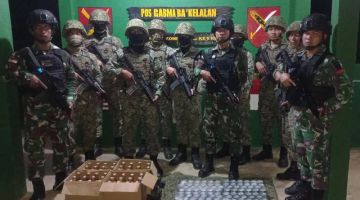 Anggota tentera menemui lapan karton minuman keras pelbagai jenama yang dipercayai cuba diseludup keluar ke negara jiran melalui sempadan di Ba'Kelalan, semalam.