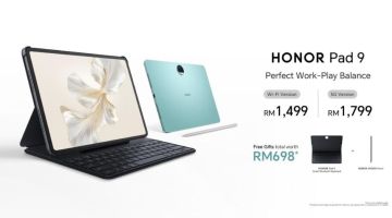 HONOR Pad 9 versi 5G boleh didapati dalam warna Space Gray pada harga RM1,799 dan akan diberi iaitu papan kekunci HONOR Pad 9 Smart Bluetooth Keyboard dan pensil pintar HONOR CHOICE Pencil.