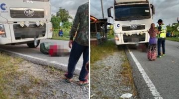 Mangsa maut selepas dipercayai terjatuh dari motosikal lalu digilis lori tangki di Jalan Kampung Loba Balu, Matu, petang semalam.