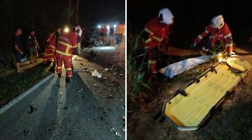 Anggota bomba melakukan operasi membersih lokasi kemalangan maut di Jalan Majau, Kanowit, malam tadi.