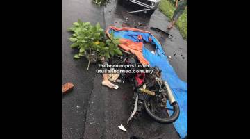 MALANG TIDAK BERBAU: Keadaan lokasi kemalangan motosikal bertembung 4WD di Jalan Sibu-Bintangor, petang semalam.