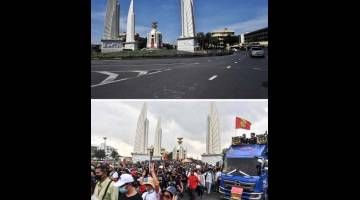 KECOH: Kombinasi gambar menunjukkan keadaan di Tugu Demokrasi kelmarin (atas) dan ketika protes memuncak sehari sebelumnya. — Gambar AFP