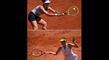BERTEMU DI FINAL: Gambar kombinasi menunjukkan Krejcikova (atas) dan Pavlyuchenkova semasa menentang lawan masing-masing dalam kejohanan Terbuka Perancis di Paris. — Gambar AFP