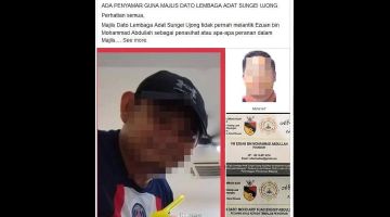 TANGKAP LAYAR: Makluman Majlis Dato Lembaga Adat Sungei Ujong mengenai penyamaran dua lelaki, menerusi laman Facebook rasmi majlis.