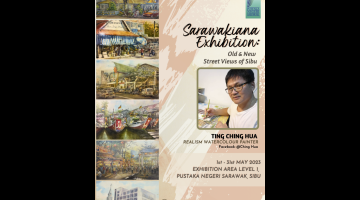 Poster pameran lukisan cat air oleh Ting yang kini berlangsung di Pustaka Negeri Sarawak, Sibu.