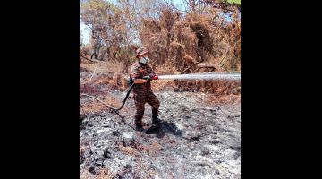 Anggota bomba bertungkus-lumus memadam kebakaran belukar di Kampung Banting, Lawas.