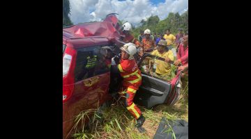 Mangsa dikeluarkan dari dalam kereta dengan bantuan anggota bomba.